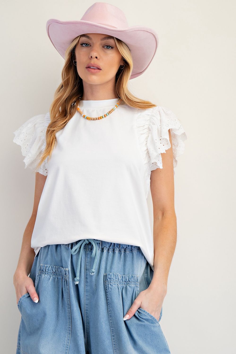 Lace Wing Sleeveless Cotton Top  - WHITE