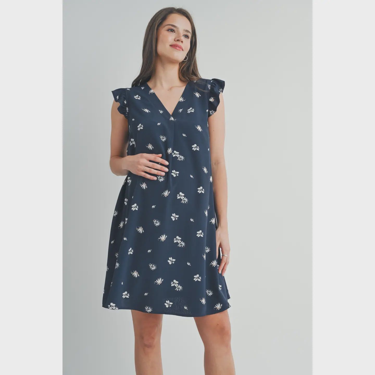 Maternity Floral Ruffle Cap Sleeve  Dress - NAVY