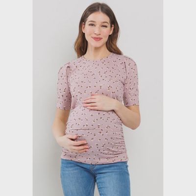 Maternity Floral Ruched Ribbed Crewneck Top - MAUVE