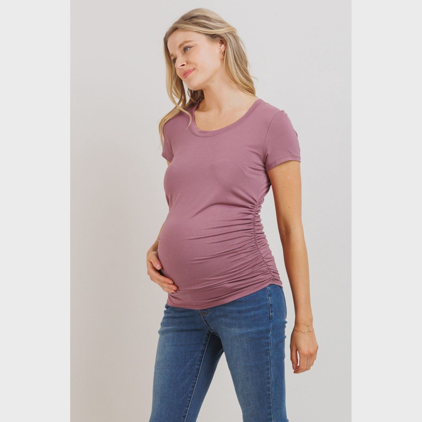 Maternity Ruched Short Sleeve T-Shirt - MAUVE