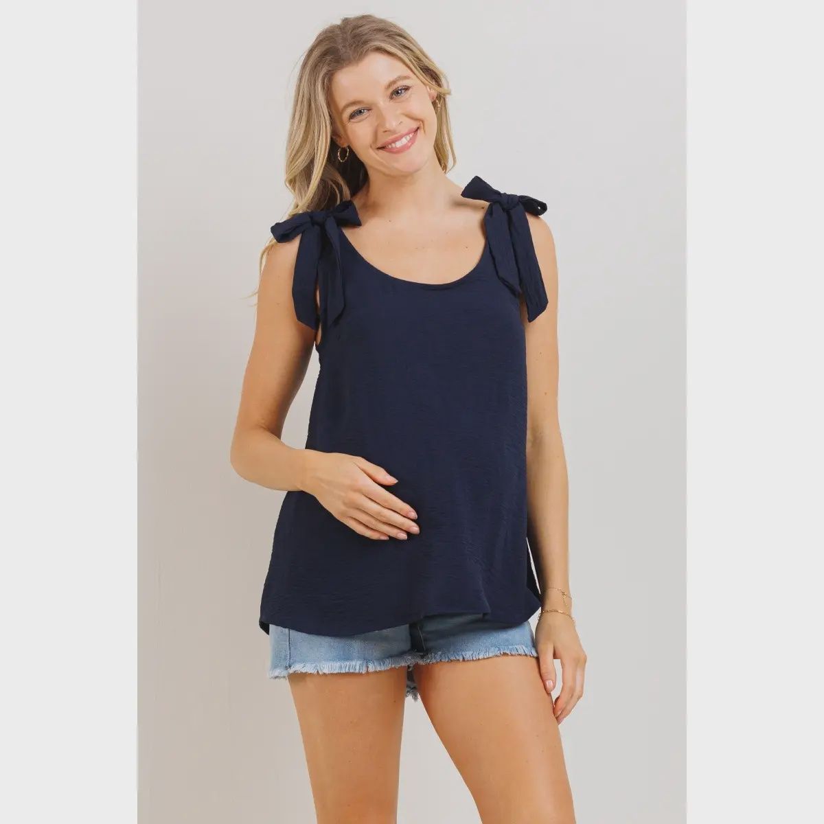 Maternity Tie-Strap Scoop Neck Top - NAVY