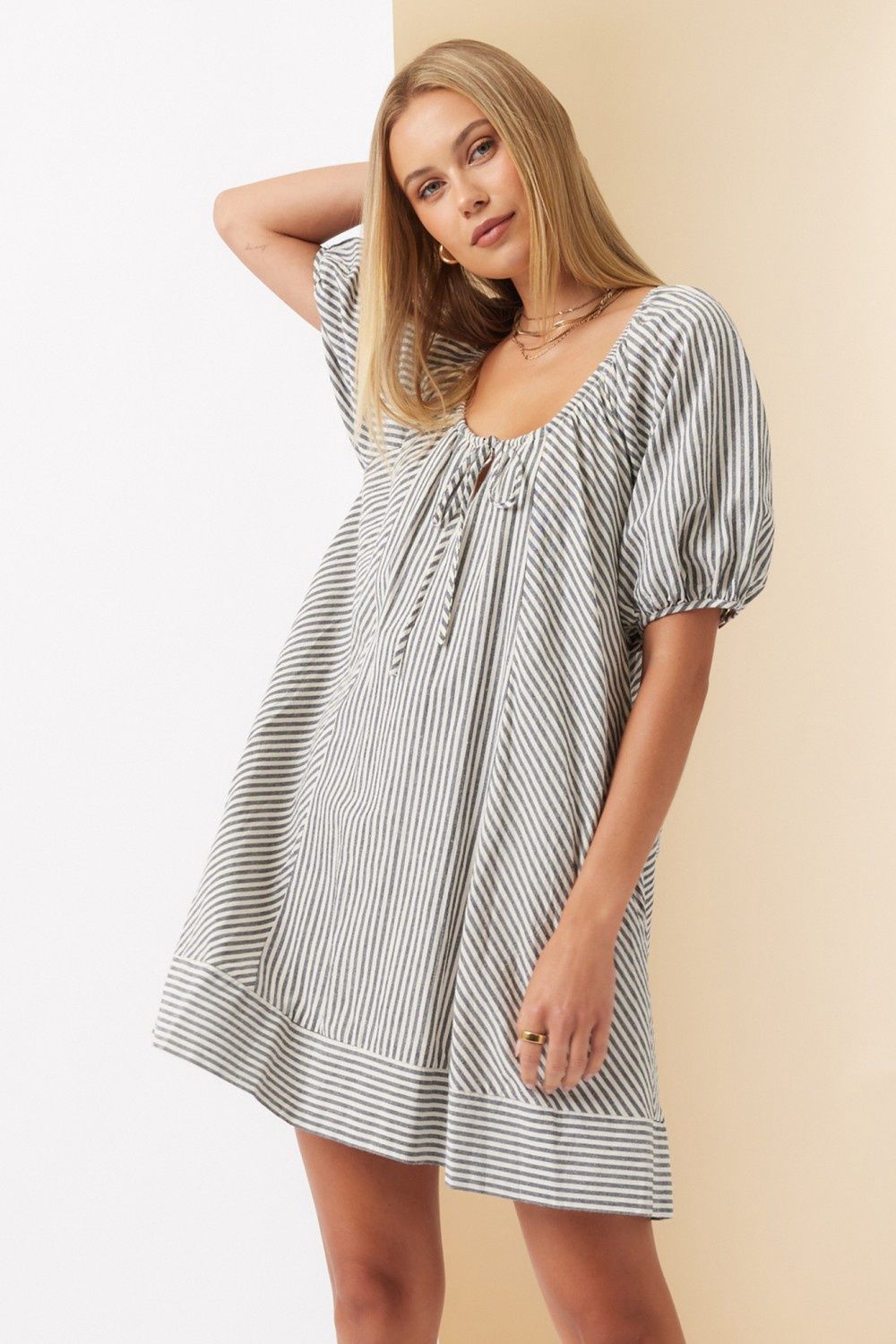 Striped Puff Sleeve Dress - NAVY