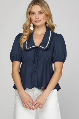 Woven Top w/RIC Rac Trim Detail - NAVY
