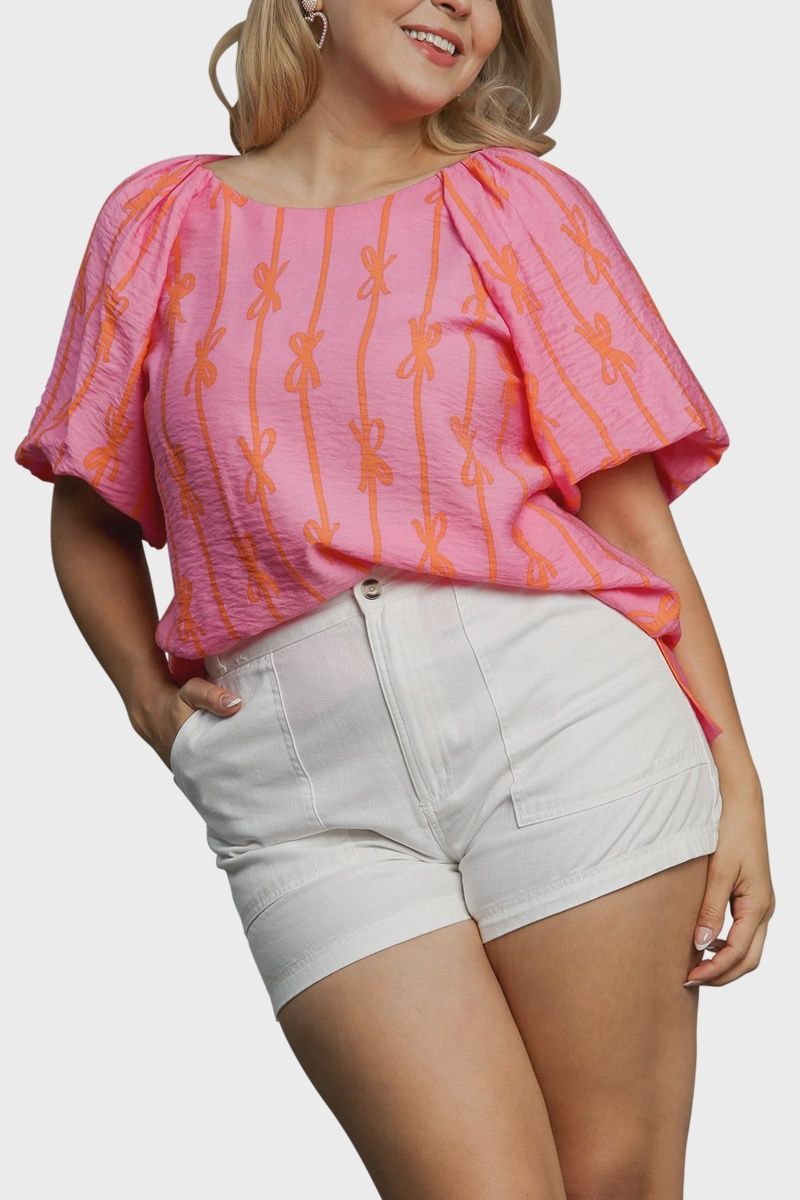 Plus Ribbon Print Top - BUBBLE PINK