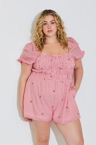 Plus Gingham Cherry Romper - RED