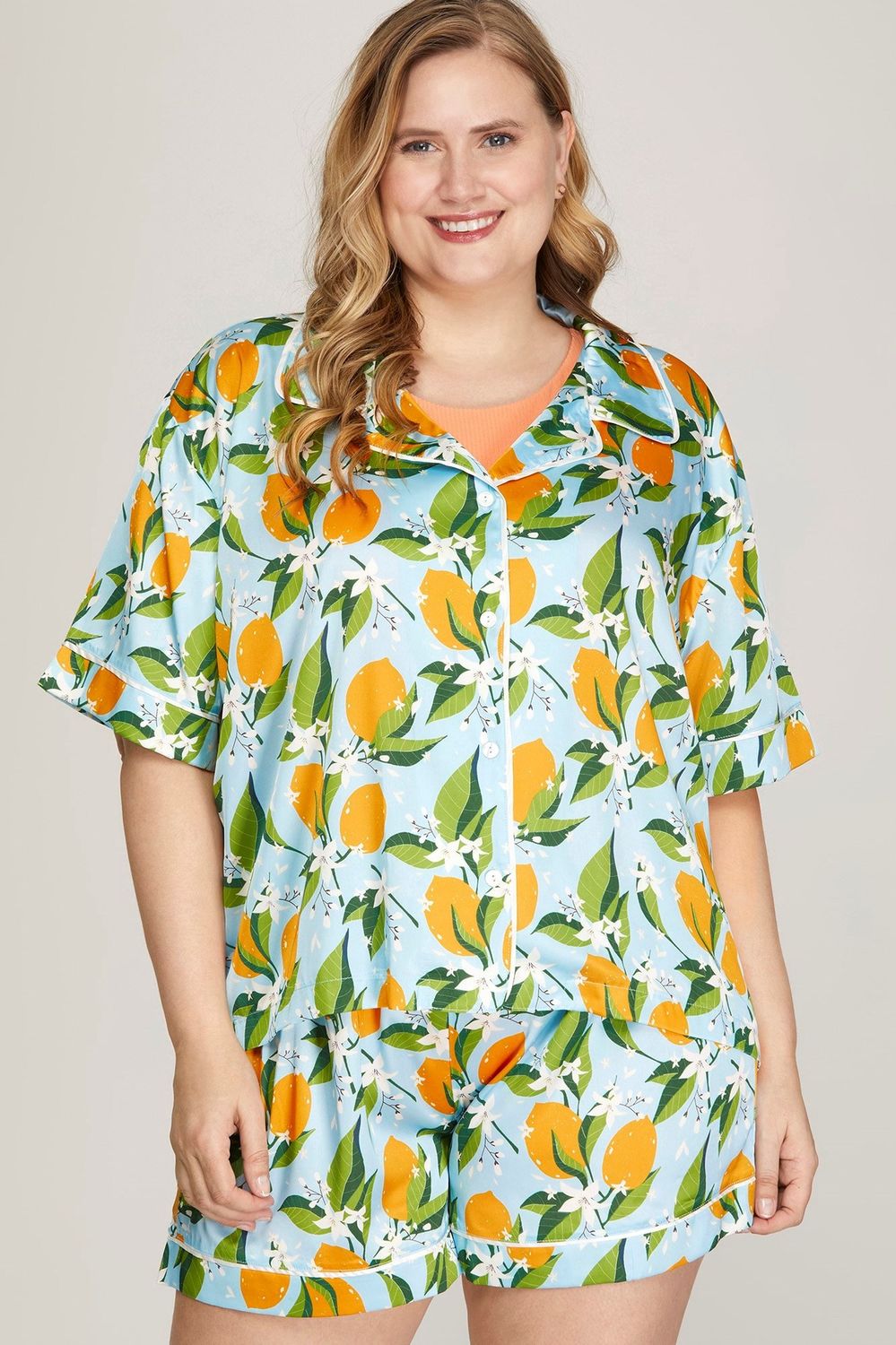 Plus Lime Print Satin Pajama Short Set