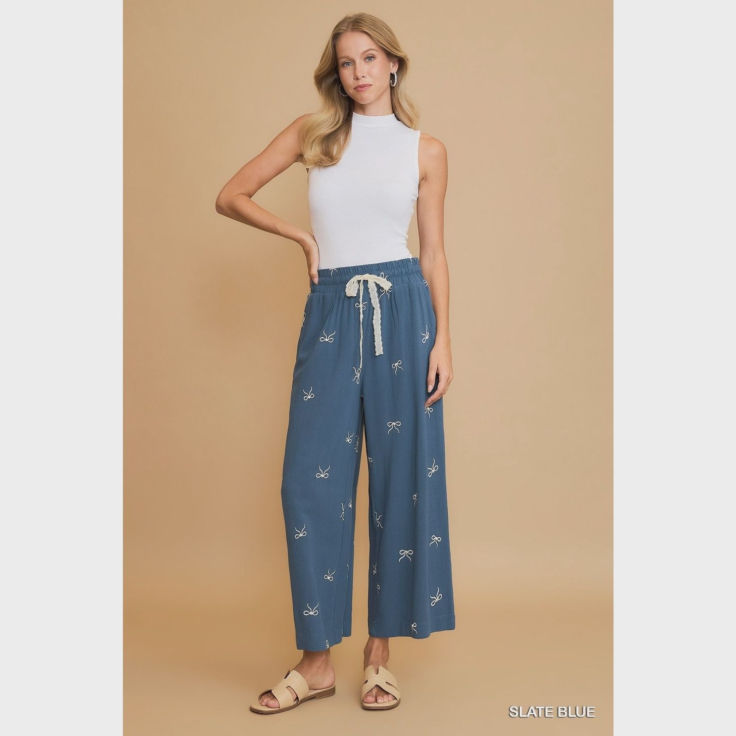 Ribbon Embroidery Linen Pants - SLATE BLUE