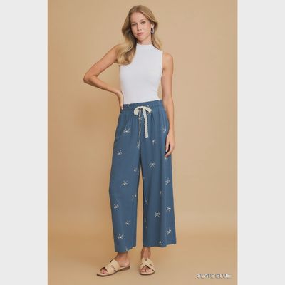 Ribbon Embroidery Linen Pants - SLATE BLUE
