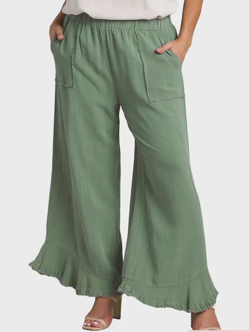 Plus Linen Blend Wide Leg Pants - LAGOON
