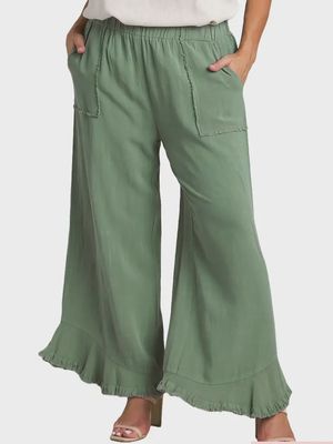 Plus Linen Blend Wide Leg Pants - LAGOON