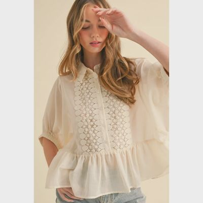 Lace Trimmed Button Blouse - CREAM