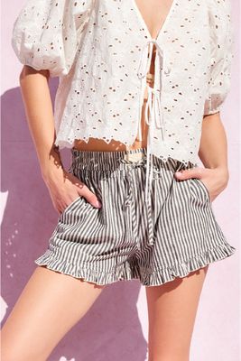 Striped Cotton Ruffle Shorts - NAVY