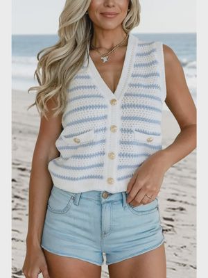 Sky Blue Stripe V-Neck Sweater Vest