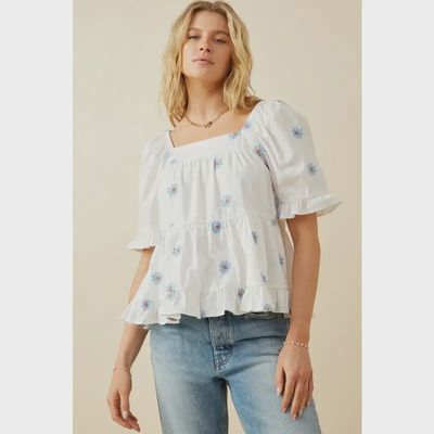Embroidered Square Neck Top - BLUE