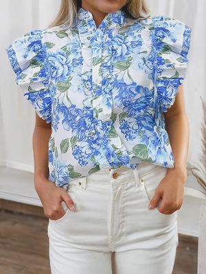 Blue Floral Ruffle Sleeve Top
