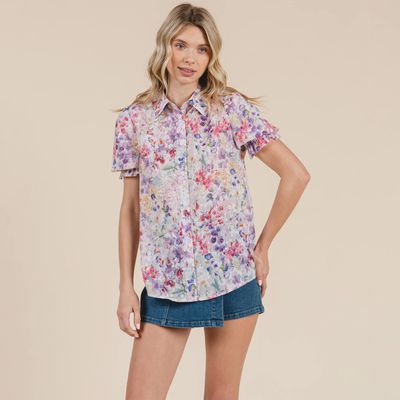 Floral Collared Ruffle S/S Top - CREAM