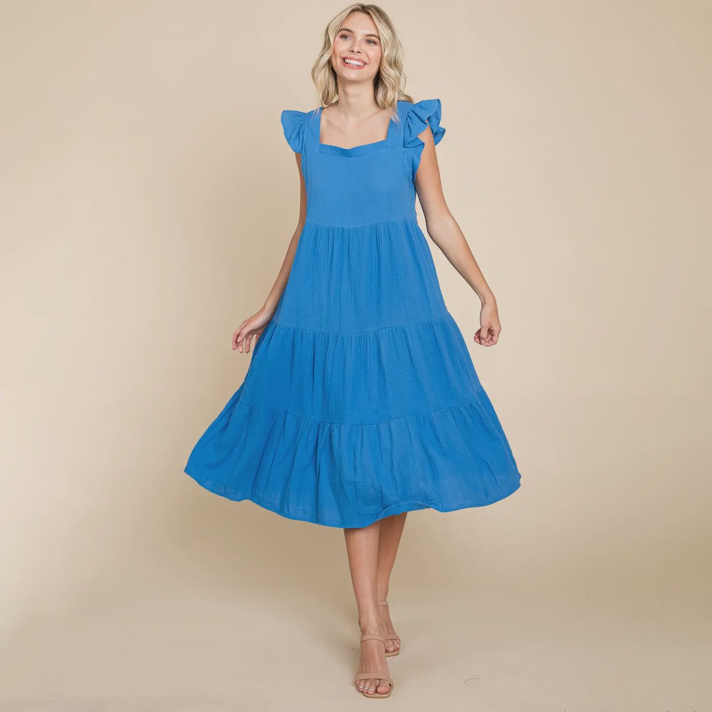 Ruffle Sleeve Gauze Tiered Dress - BLUE