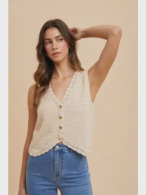 Crochet Trim Sweater Vest - OATMEAL