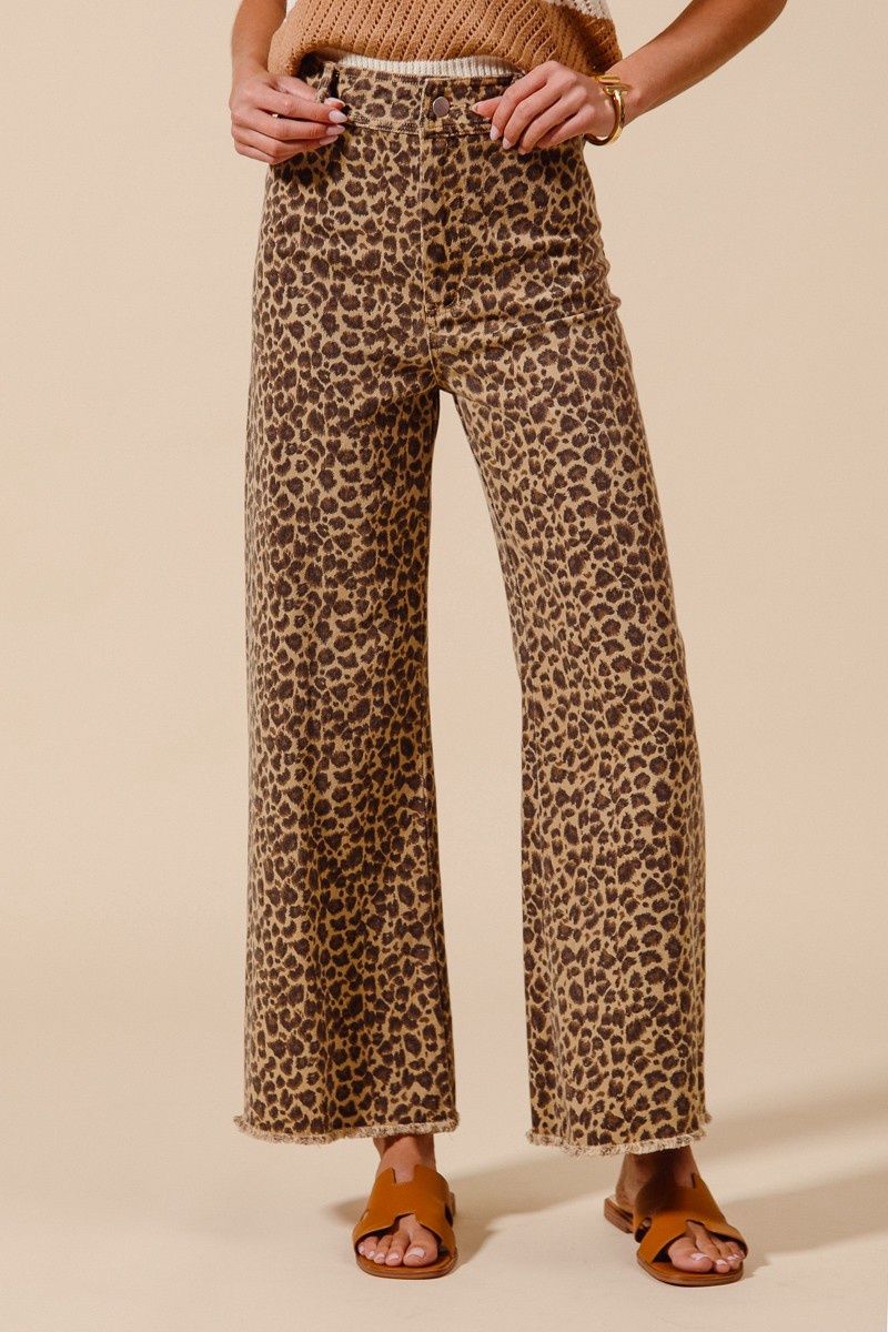 Leopard Denim Fray Wide Leg Pants