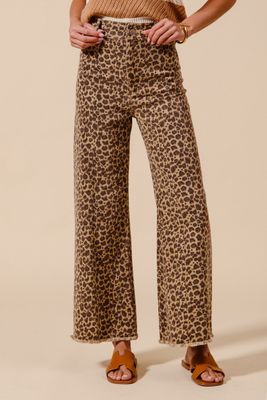 Leopard Denim Fray Wide Leg Pants