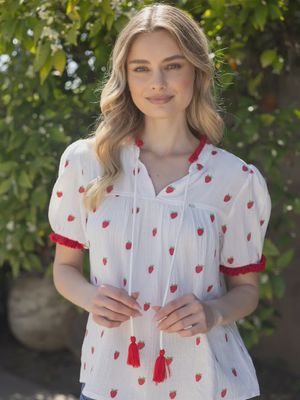 Strawberry Embroidery Gauze Top - IVORY