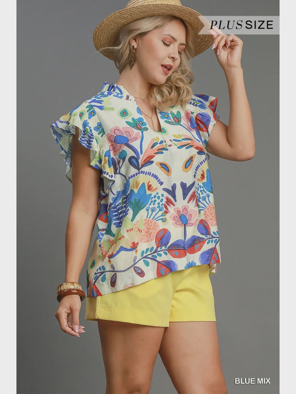 Plus Floral Print Top - BLUE MIX