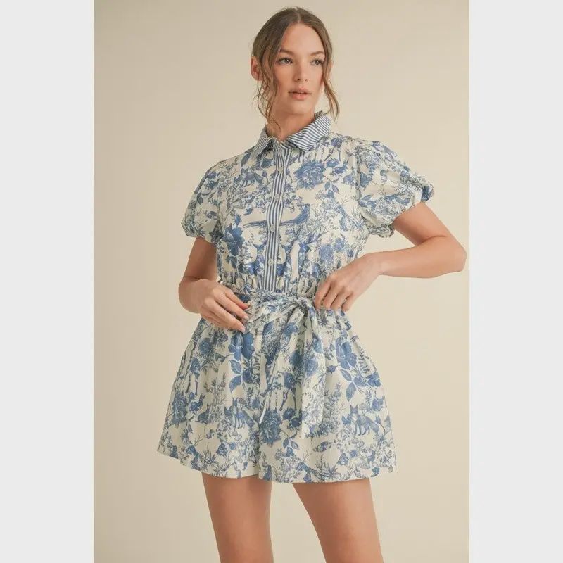Blue Floral Print Romper