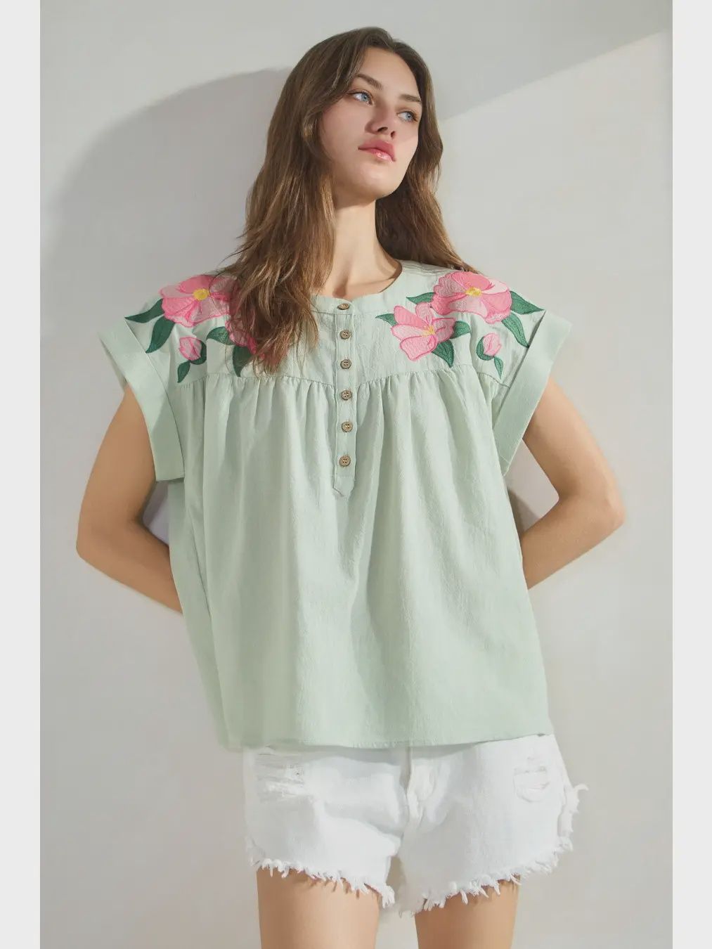 Plus Crinkled Cotton S/S Blouse -MINT
