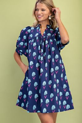 Floral Print Mini Dress - NAVY