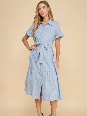 Striped Button Down Midi Dress - BLUE