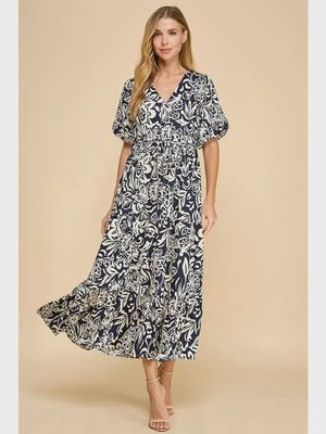 Abstract Tie Waist Midi Dress - NAVY