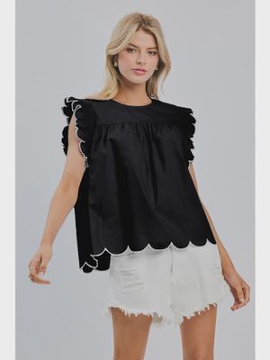 Plus Scalloped Blouse - BLACK