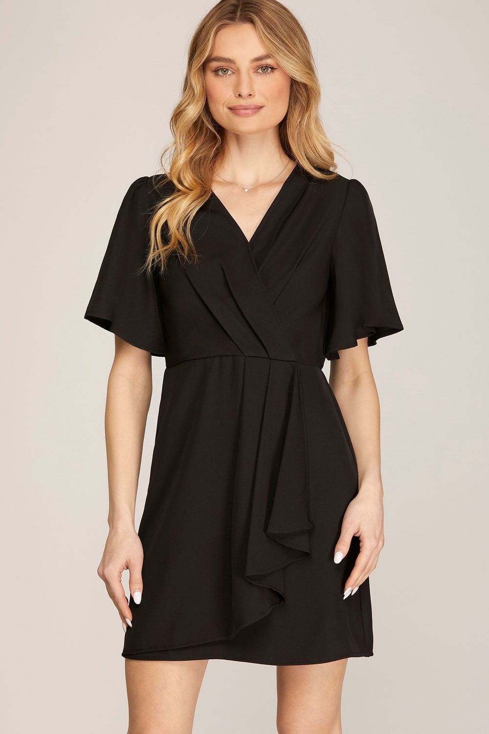 Ruffled Wrap Dress - BLACK