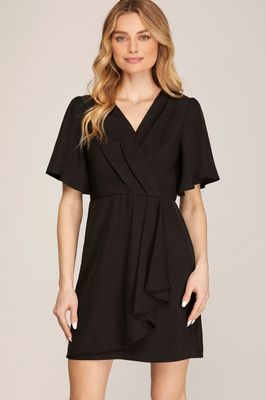 Ruffled Wrap Dress - BLACK