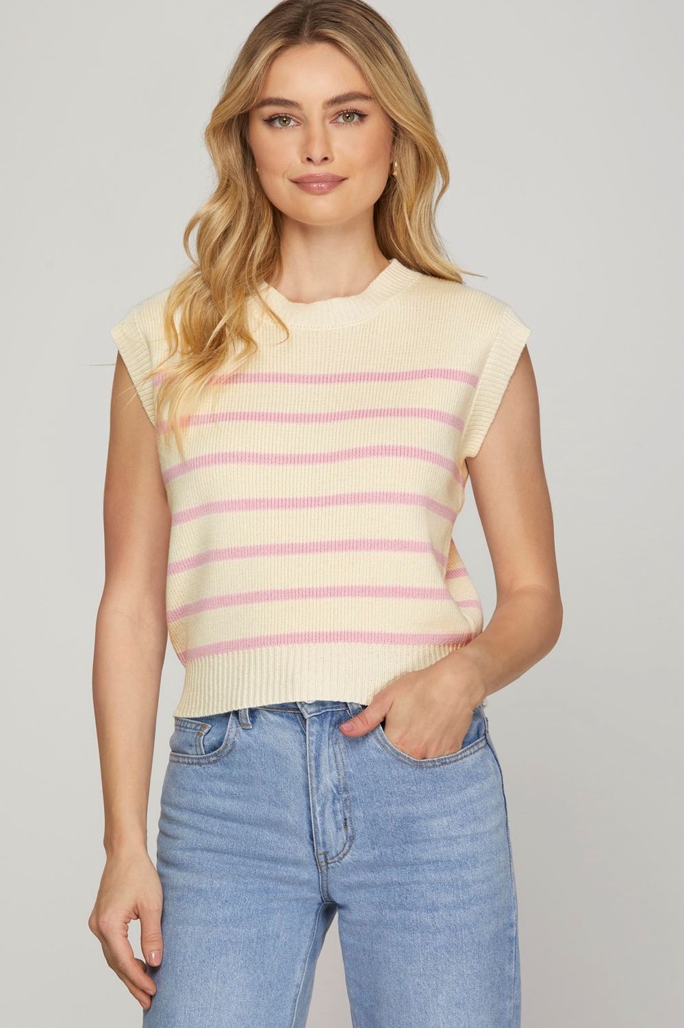 Sleeveless Striped Sweater - OFFWHITE/PINK