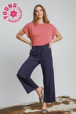 Linen Elastic Waist Bottoms - BLUEBERRY