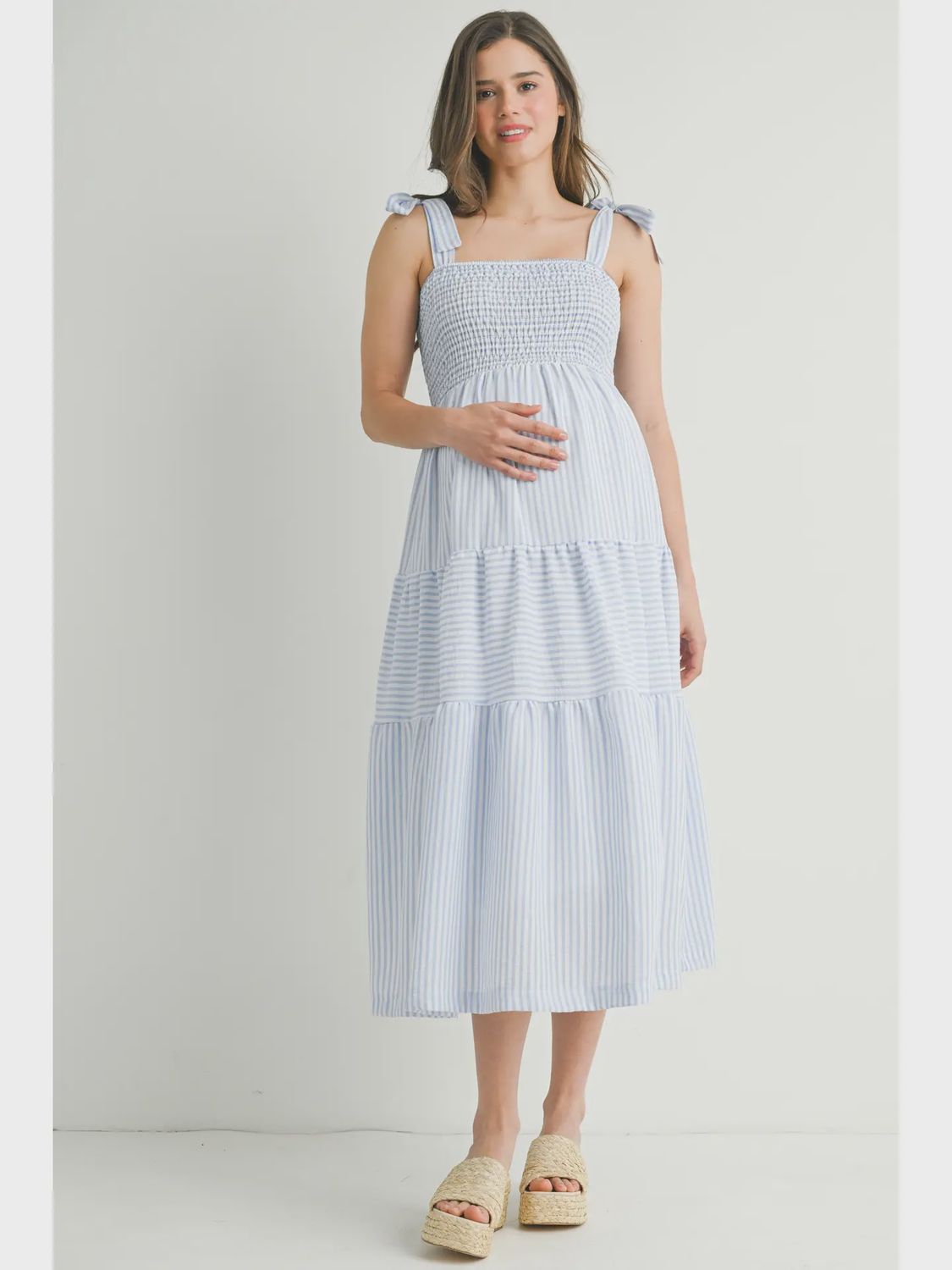 Maternity Striped  Ruffle Midi Dress DENIM BLUE