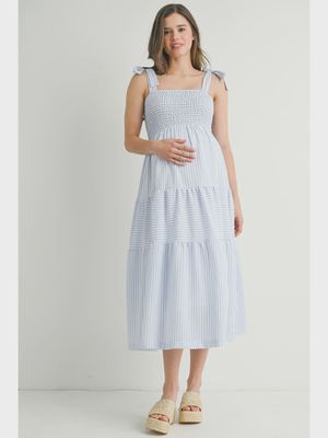 Maternity Striped  Ruffle Midi Dress DENIM BLUE