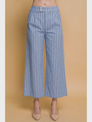 High Waist  Stripe Linen Pants - BLUE