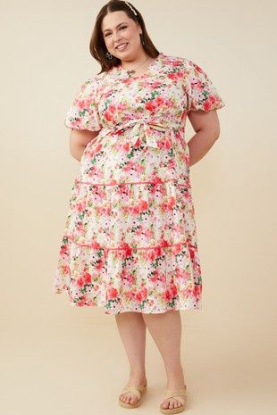Plus Floral Print Dress - PINK