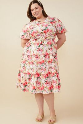 Plus Floral Print Dress - PINK