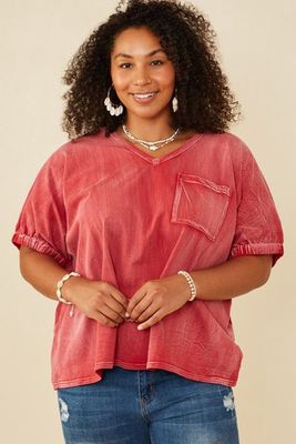 Plus Garment Washed V-Neck Top - RED