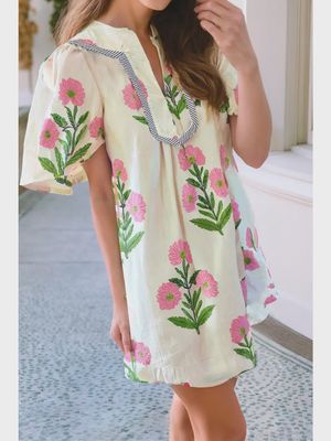 Floral Split Neck Mini Dress - IVORY