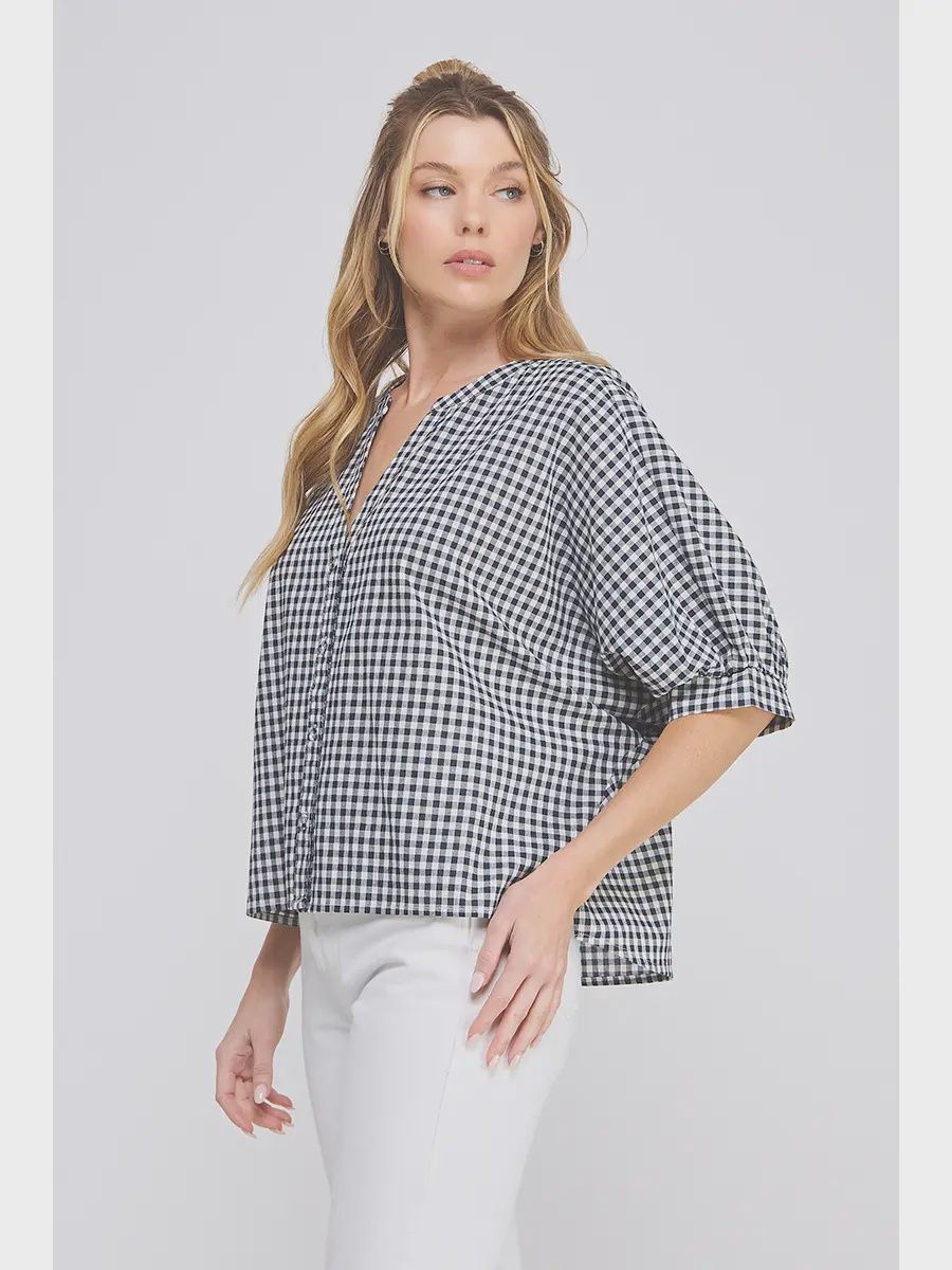 Gingham Cotton Blouse -NAVY