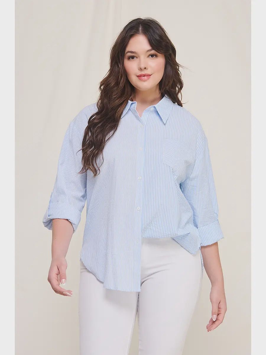 Plus Striped Cotton Button Down Top -BLUE STRIPE