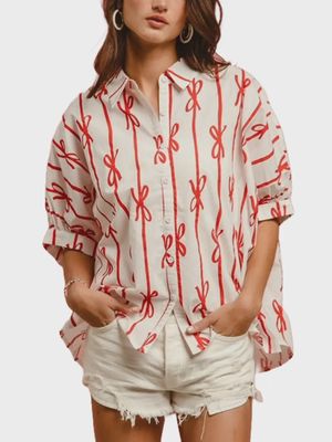 Bow Ribbon Print Button Down - RED
