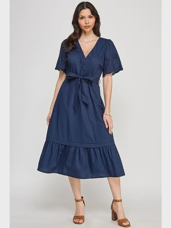 Eyelet Embroidered Midi Dress - NAVY