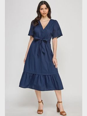 Eyelet Embroidered Midi Dress - NAVY