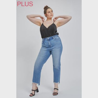 Plus Mica High Rise Straight Denim w/Step Hem - BLUE