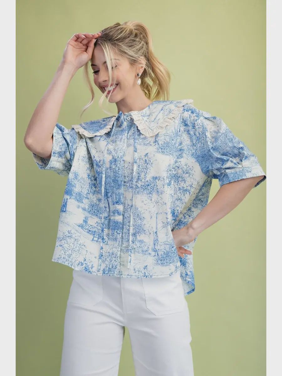 Vintage Print 3/4 Sleeve Top - BLUE